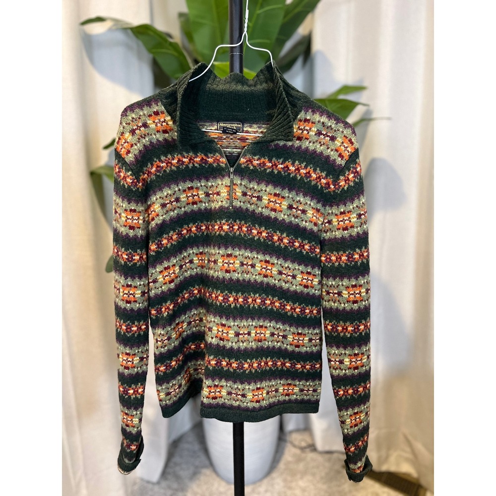 Abercrombie & Fitch Vintage 100% Shetland Wool Fair Isle Quarter Zip Sweater M